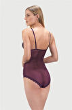 Mürdüm Çıtçıtlı Dantel Detaylı Kaplı Dekolteli Kadın Bodysuit