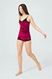 Vişne Dantel Detaylı İnce Askılı Kadife Kadın Atletli Şortlu Takım