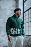 Erkek SHİT Baskılı Oversize Hoodie Koyu Yeşil