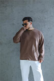 Erkek Lazer Kesim Çizgi Detay Oversize Sweatshirt Kahve