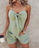 Kadın Kolsuz Askı Aksesuarlı önü Bağlama Detay Salopet şort Tulum