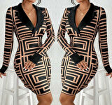 Kadın Uzun Kollu Ceket Yaka Labirent Desen Mikro Mini Elbise