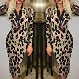 Kadın Uzun Kollu V Yaka Puantiyeli Krep Midi Boy Elbise