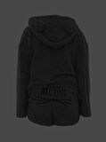 Kadın Uzun Kollu Meow Kedi Nakışlı Kapşonlu Peluş Sweat Ve Short Ikili Takım