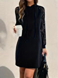 Kadın Uzun Kollu Kolları Dantel Detaylı Kapşonlu Bağcıklı Kısa Viskon Iki Iplik Elbise
