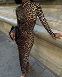 Kadın Uzun Kollu Balıkçı Yaka Gull Likralı Leopar Desen Maxi Boy Elbise