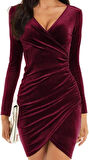 Kadın Uzun Kollu Kruvaze Yaka Büzgü Detay Fırsat ürün Mini Kadife Elbise