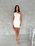 Tek Omuzlu Kolsuz Mini Boy Elbise - Beyaz