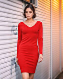 Kadın Uzun Kollu V Yaka Sırt Dekolteli Scuba Dalgıç Kumaş Mini Elbise