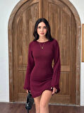 Sırt Pencereli Mini Triko Elbise - Bordo
