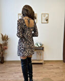 Kadın Uzun Kollu Kayık Yaka Leopar Baskılı Mini Elbise