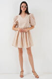 2529 Fistolu Kısa Elbise - Bej