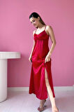 Kırmızı Askılı Saten Elbise