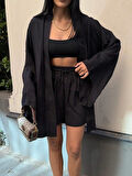 KETEN KİMONO - ŞORT TAKIM - Siyah