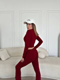 V Yaka Uzun Kollu Bluz İspanyol Paçalı Tayt İkili Takım - Bordo