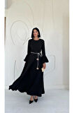 Siyah Balon Kollu Kuşaklı Elbise