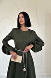Haki Balon Kollu Kuşaklı Elbise
