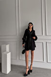 ÖNDEN DÜĞMELİ POPLİN KLOŞ ELBİSE BAĞLAMA KEMER DETAYLI - Siyah