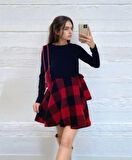 Kadın Uzun Kollu Bisiklet Yaka üst Viskon Alt Ekose Kısa Elbise