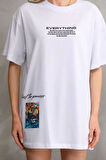 Unisex Bisiklet Yaka Baskılı Oversize T-Shirt - Beyaz