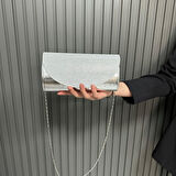 Simli Abiye Bayan Çanta 23x12cm Gümüş AB0202
