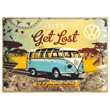 Let's Get Lost VW Minibüs Temalı Ahşap Retro Seyahat Posteri
