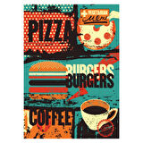 Pizza Burger Kahve Retro Ahşap Tablo - Fast Food Temalı Vintage Tasarım