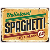 Delicious Spaghetti Retro Ahşap Tablo - İtalyan Makarna Reklam Afişi Tasarımı
