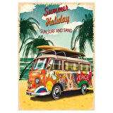 Summer Holiday Retro Ahşap Tablo - Hippi Minibüs ve Sahil Tatili Temalı Tasarım