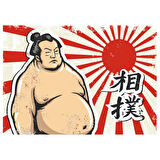 Sumo Güreşçisi Temalı Retro Ahşap Tablo - Japon Kültürü ve Yükselen Güneş Tasarımı