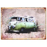 Volkswagen Minibüs Retro Ahşap Tablo – Yeşil T1 Camper Van ve Sulu Boya Efektli Tasarım