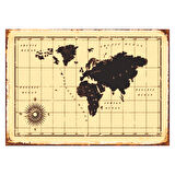 Vintage Dünya Haritası Retro Ahşap Tablo – Eskitme Efektli Kıta ve Pusula Tasarımı