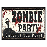 Zombie Party Retro Ahşap Tablo – Korku Temalı Eğlenceli Kan Efektli Tasarım