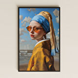 Modern İnci Küpeli Kız Sahil Portresi Şeffaf Pleksi Tablo