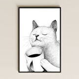 Minimal Kahve Keyfi Yaşayan Kedi Çizim Pleksi Tablo