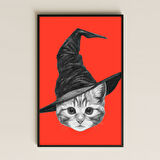 Cadı Şapkalı Kedi İllüstrasyonu Dijital Sanat Pleksi Tablo