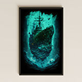 Hayalet Gemi ve Balık Sürüsü Temalı Karanlık Deniz Pleksi Tablo