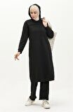 Uzun Tunik Kapşonlu Kenardan Yırtmaçlı İkili Spor Takım - Siyah - AK06006.03034