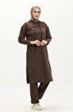Uzun Tunik Kapşonlu Kenardan Yırtmaçlı İkili Spor Takım - Kahverengi - AK06006.03034