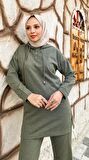 Kapşonlu Çıtçıtlı Sade Basic İkili Eşofman Spor Takımı - Haki - AK06006.03036