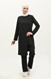 Kruvaze Bisiklet Yaka Sade Basic Tunik Panolon İkili Takım - 03076 - Siyah