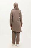 Kruvaze Bisiklet Yaka Sade Basic Tunik Panolon İkili Takım - 03076 - Vizon