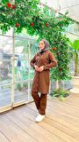 Çıtçıtlı Kapşonlu Uzun Tunik Pantolon İkili Tesettür Eşofman Takımı - 03078 - Kahverengi
