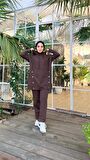 Kapşonlu Çıtçıt Detaylı Kısa Sweat Pantolon İkili Tesettür Eşofman Takımı - 03079 - Kahverengi
