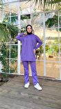 Kapşonlu Çıtçıt Detaylı Kısa Sweat Pantolon İkili Tesettür Eşofman Takımı - 03079 - Koyu Lila