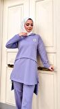 Kapşonlu Yırtmacı Bağcık Detaylı Pamuklu Tesettür Eşofman Takımı - 71168 - Lila