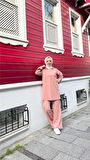 Kapşonlu Yanlardan Çıtçıtlı Kısa Sweat Pantolon İkili Tesettür Eşofman Takımı - 71172 - Pudra