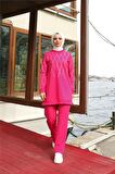 Çarpraz Taş Desenli O Yaka İkili Tesettür Eşofman Takımı - 71185 - Fuşya