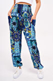 Mavi Etnik Desenli Kadın Şalvar Yoga Pantolonu %100 Viskon Çift Cepli - 2460