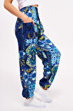 Mavi Etnik Desenli Kadın Şalvar Yoga Pantolonu %100 Viskon Çift Cepli - 2460